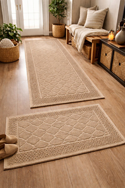 OEM Set 1+1 Covoare țesute din bumbac 55x85 cm + 80x200 cm, Cappuccino (CB228)