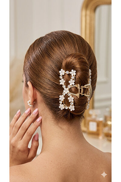 Selay Accessory Çiçek Detaylı Taşlı Mandal Toka – Gold Renk Şık Saç Tokası