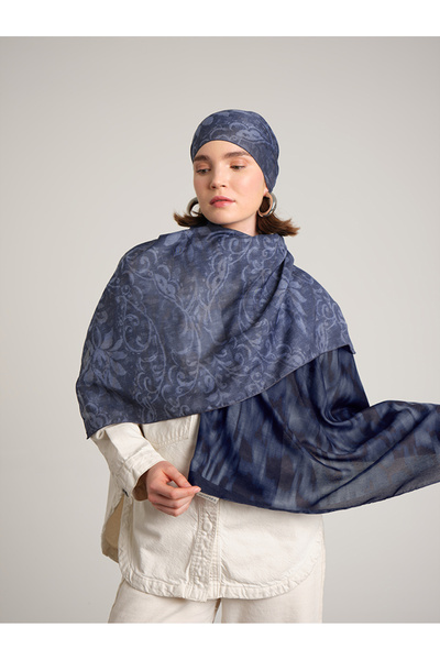 Ayshara Yalaz Zebra Damask Patterned Double-Sided Shawl - Dark Denim Blue