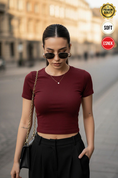 Teenage Millionaire Γυναικεία μπλούζα με κοντό μανίκι λίκρα με λαιμόκοψη μπορντό