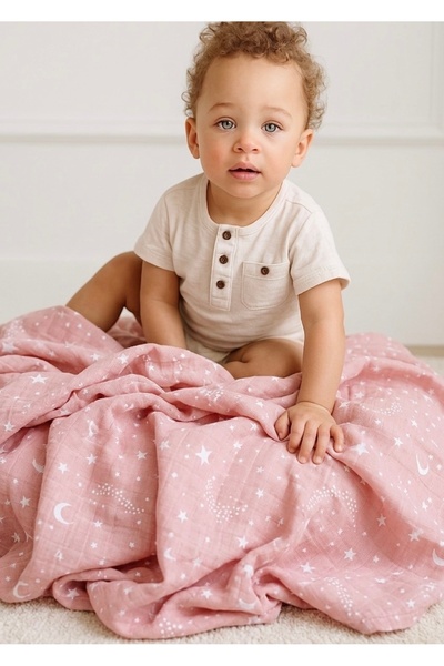 Caline Baby غطاء قماش موسلين نمط نجمة وردي 120×120 سم 4 مناديل مبللة للفم