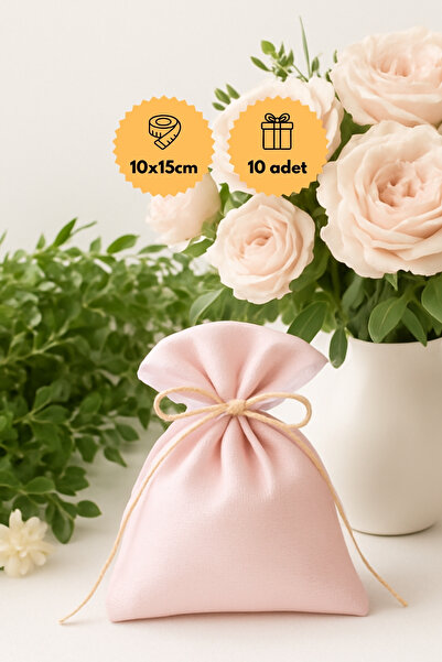 Bimotif 10 adet osmanlı ipeği kına, söz, nişan hediye kesesi, 10x15 cm, Pembe