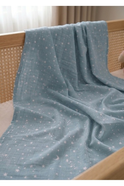 Caline Baby غطاء قماش موسلين نمط نجمة - أزرق 120x120 سم 4 مناديل مبللة للفم