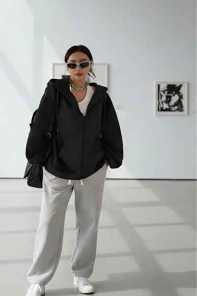 CAST COLLECTİON Γυναικεία ζακέτα με μαύρη κουκούλα και φερμουάρ