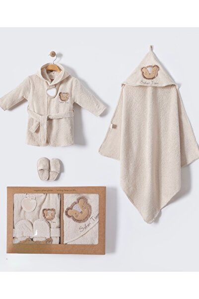 Mou&Kou 100% Cotton Baby Bathrobe Set with Teddy Bear, 4 Pieces – Hooded Towe...