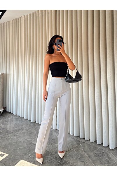 mydukkan.co Front Stitched Pipe Leg Fabric Trousers - Gray