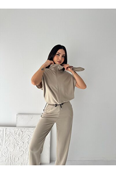 ceymoda Women's Modal Fabric Garnished Zero-Sleeve High-Neck Oversize Tracksuit Set