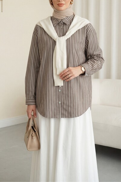 Modamorfo Πλεκτό Φουλάρι Λεπτομερές ριγέ λινό πουκάμισο - καφέ