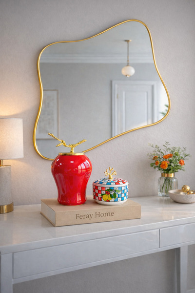 ferayhome Dekoratif Obje Kırmızı Şah Küp Damalı Limonlu Obje Gold - Feray Home