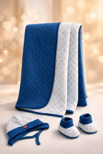 Tomuycuk Erkek Bebek Battaniye Lacivert Kapitone Double Face Bebek Örtüsü