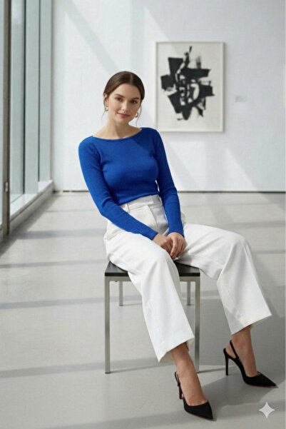 NO 601 Γυναικεία μπλούζα μπλε κοβαλτίου Blue Boat Neck εφαρμοστό Slim Fit με ...