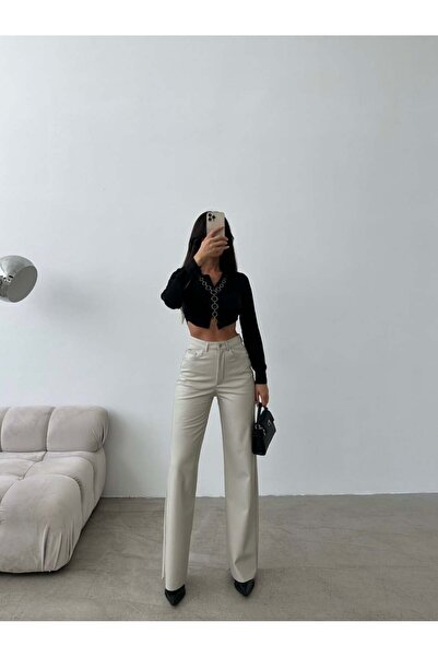 HerTon Γυναικείο δερμάτινο παντελόνι με ψηλή μέση και φαρδιά μπατζάκια