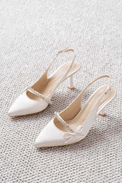 v.s.h velvet Kadın Abiye Saten Taş Detaylı Sivri Burun Arkası Açık 7cm İnce T...