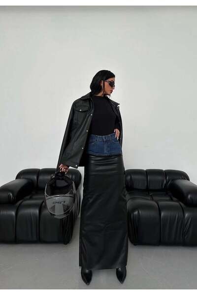 HerTon Διπλής υφής τζιν δερμάτινη μίξη μάξι φούστα - Δερμάτινη φούστα με λεπτ...