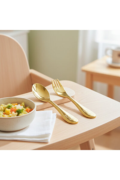 PALU Kids Gold Plated Children's Spoon Fork Set of 2 (+3 Years) Stainless Ste...