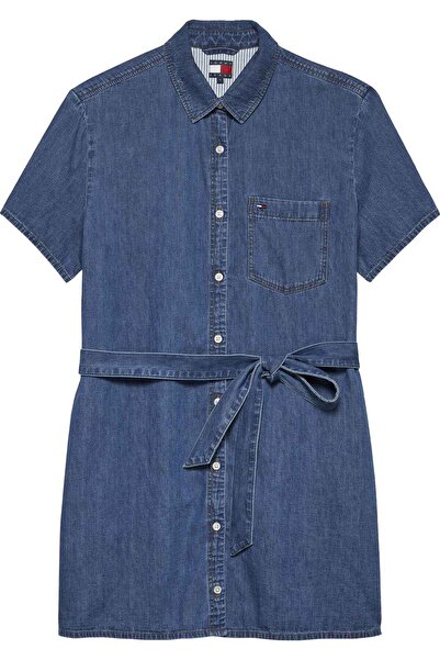 Tommy Hilfiger Kadın Marka Logolu Günlük Kullanıma Uygun Denim Mavi Elbise DW...