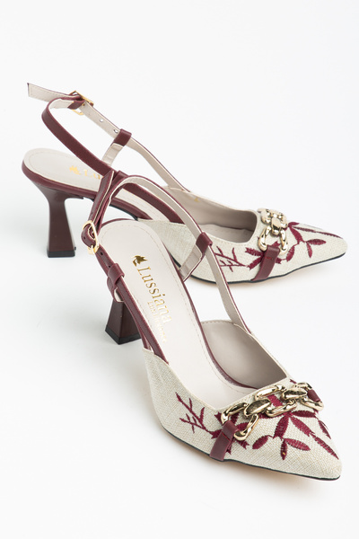 Moda Hanım Γυναικεία μπορντό λινά παπούτσια με ανοιχτή πλάτη και τακούνι