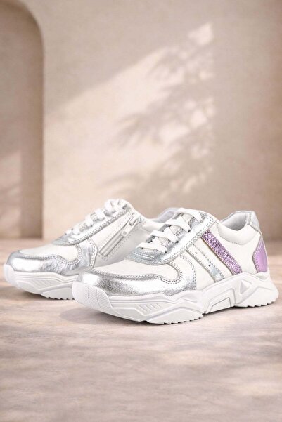 Rakerplus Genuine Leather Silver Pink Thick Soled Girls' Sneakers Shoes