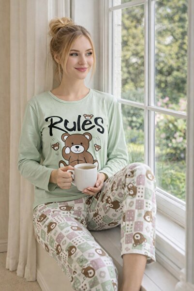 rindahomewear Γυναικείο Σετ Πιτζάμες με Μακρυμάνικο Ζέρσεϊ με Στάμπα Αρκουδάκι