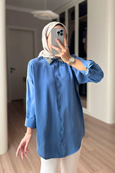 Ka Hijab Košulja sa kragnom Sa kamenim vezom - Indigo