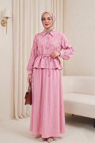 HİJABAYA Σετ ζακάρ με πέτρινα κουμπιά και φούστα με δέσιμο στη μέση