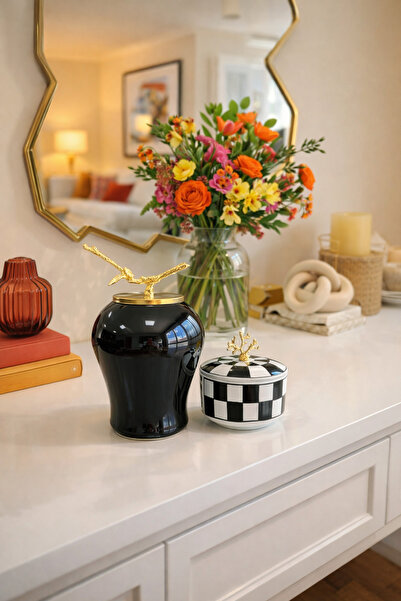 Decorative Object Black Check Cube Black Checkered Object Gold - Feray Home