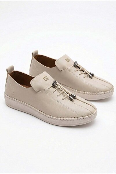 GİAMGİA STORE Μπεζ δερμάτινα γυναικεία παπούτσια με ελαστικά κορδόνια, ραμμέν...