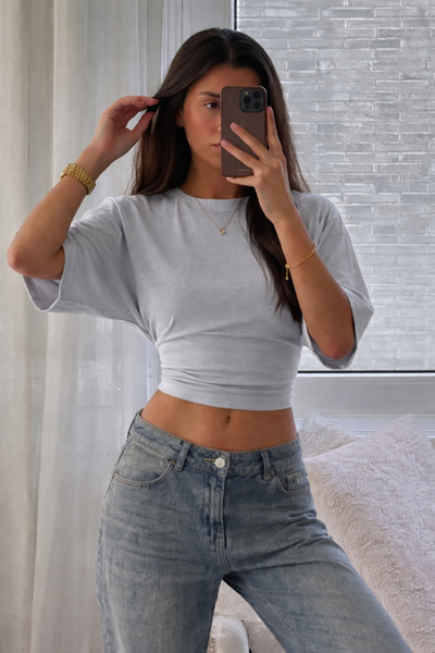 COMBİNE MİCHAİL Γυναικεία εφαρμοστή γκρι μπλούζα με φαρδιά μανίκια