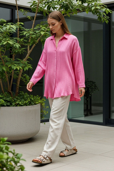 COMBİNE MİCHAİL Νέα σεζόν Γυναικείο Φαρδύ Καλοκαιρινό Πουκάμισο Ροζ