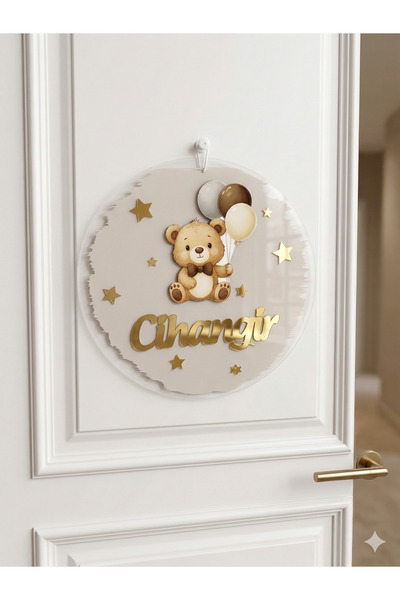 NaturessCo Ornament pentru ușă pentru bebeluși cu fundal bej și ursuleț cu ba...