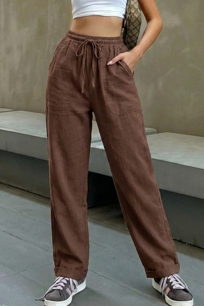 Kadın Beli Lastikli Kahve Keten Pantolon