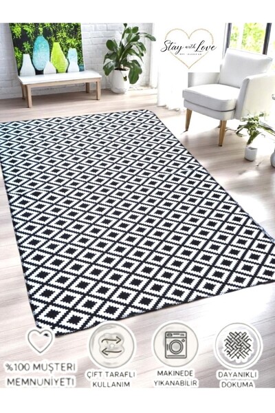 stay with love Saçaksız Siyah Beyaz Kilim Çift Taraflı Dokuma Kilim 1. Kalite...