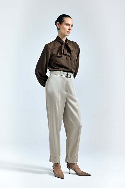 Sateen Παντελόνι Lisa Saten με διπλό μπατζάκι - Πέτρινο