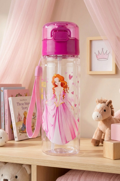 ALİNA HOME Prenses Baskılı Pembe Sağlıklı Polikarbon Matara 500 Ml, Pipetli K...