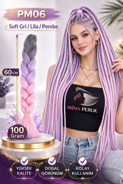 Mina Peruk Afrika Örgülük Ombreli Sentetik Saç 100 Gr. - Soft Gri / Lila / Pembe