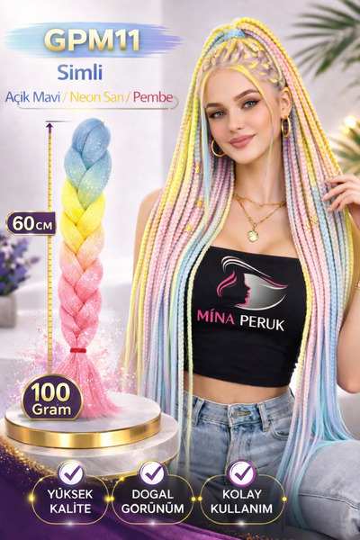 Mina Peruk Simli Açık Mavi / Neon Sarı / Pembe Ombreli Örgülük Saç 100 Gr.