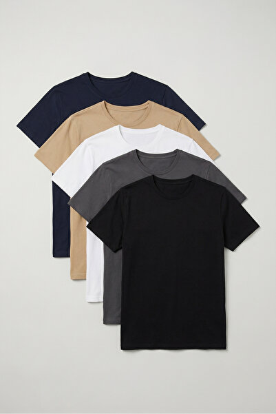 Mero Life Unisex Μαύρο-Λευκό-Ναυτικό-Ανθρακί-Μπεζ Σετ 5 τεμαχίων μπλουζών με ...