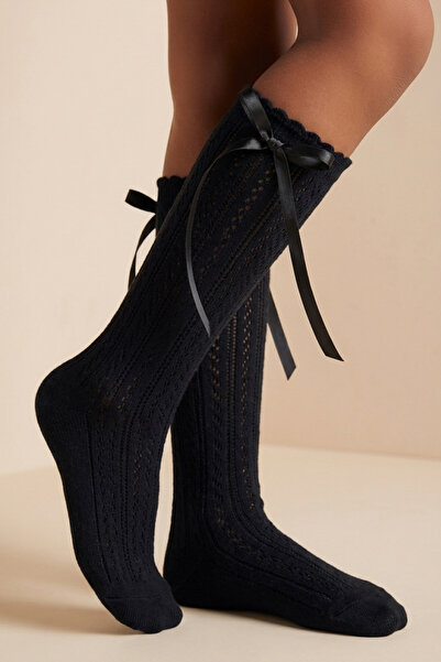 Katia&Bony Κοριτσίστικο Σατέν Πλεκτό Φιόγκο Κάλτσες Γόνατου Μαύρες