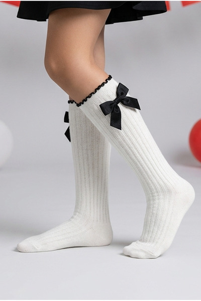 Katia&Bony Κοριτσίστικες λευκές κάλτσες μέχρι το γόνατο με σατέν φιόγκο αξεσουάρ