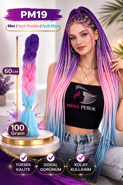 Mina Peruk Afrika Örgülük Ombreli Sentetik Saç 100 Gr. - Mor / Açık Pembe / A...