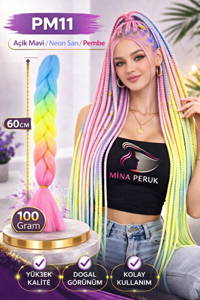 Mina Peruk Afrika Örgülük Ombreli Sentetik Saç 100 Gr. - Açık Mavi / Neon Sar...