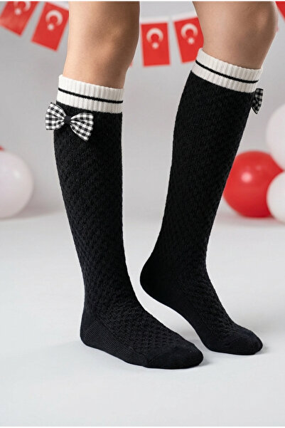Katia&Bony Κοριτσίστικες μαύρες κάλτσες μέχρι το γόνατο με Καρό αξεσουάρ φιόγκων