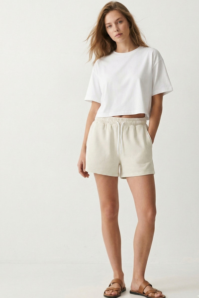 Elemge Γυναικείο βαμβακερό εκρού σορτς με κορδόνι μέσης Casual Basic Regular ...