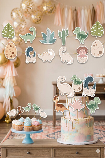 abjad 32 Parça Dinozor Set Doğum Günü Süsü Banner Pasta Kürdanı Cupcake
