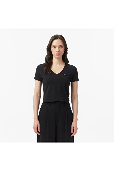 Lacoste Kadın Slim Fit V Yaka Siyah T-Shirt