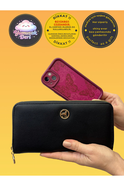 shiny ever Μαύρη δερμάτινη γυναικεία τσάντα πορτοφόλι μεγάλου μεγέθους με θήκ...