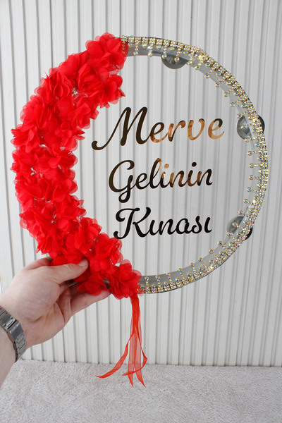 Mortex Kırmızı LED'li Şeffaf Gelin Tefi 32 cm 3D Çiçekli Taşlı Nedime Bride K...