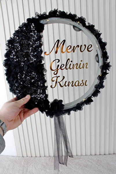 Mortex Siyah Aplik ve 3D Çiçek Süsleme LED’li Şeffaf Gelin Tefi 32 cm Kına Dü...