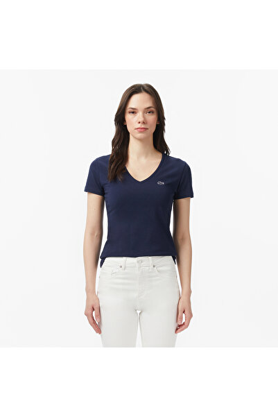 Lacoste Kadın Slim Fit V Yaka Lacivert T-Shirt