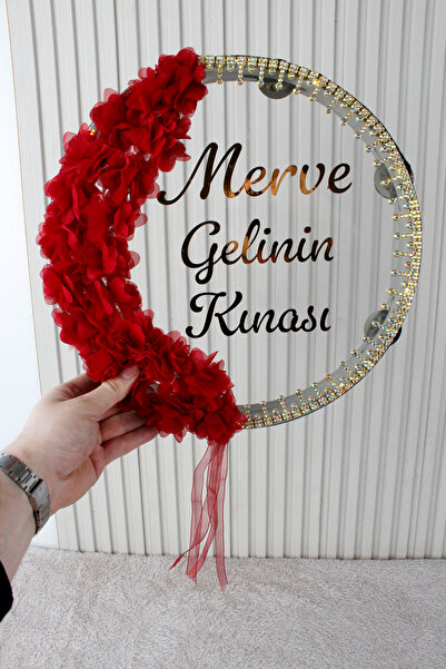 Mortex Bordo LED'li Şeffaf Gelin Tefi 32 cm 3D Çiçekli Taşlı Nedime Bride Kın...